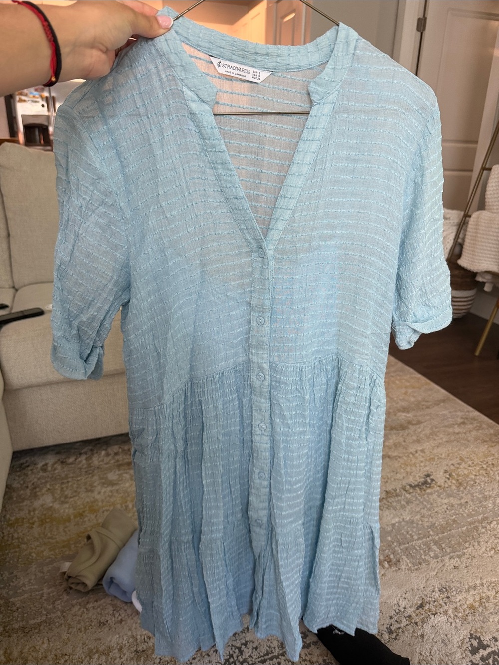 stradivarius pale blue button-front tiered dress